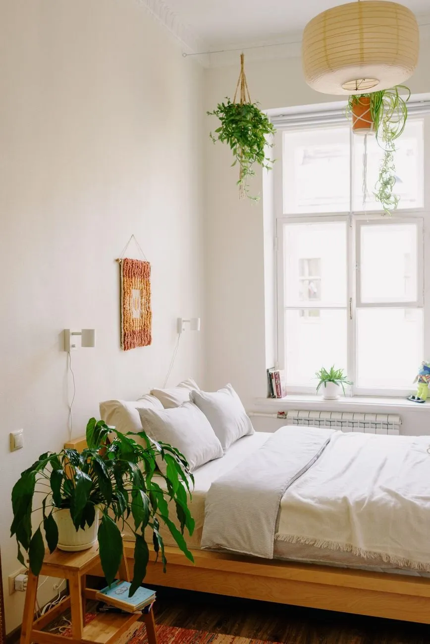 A bright bedroom with white bedding, hanging plants and a tall window
